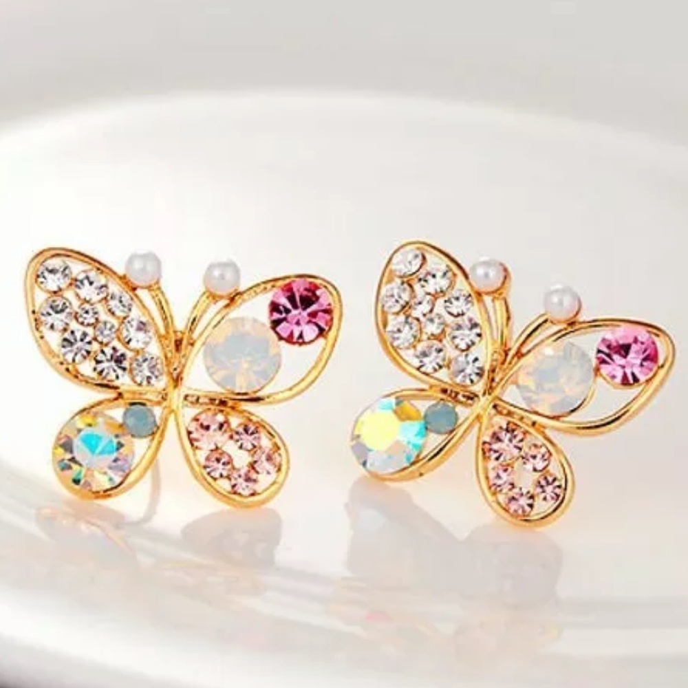 Multicolored Crystal/Pearl Butterfly Earrings Post - Picture 1 of 5